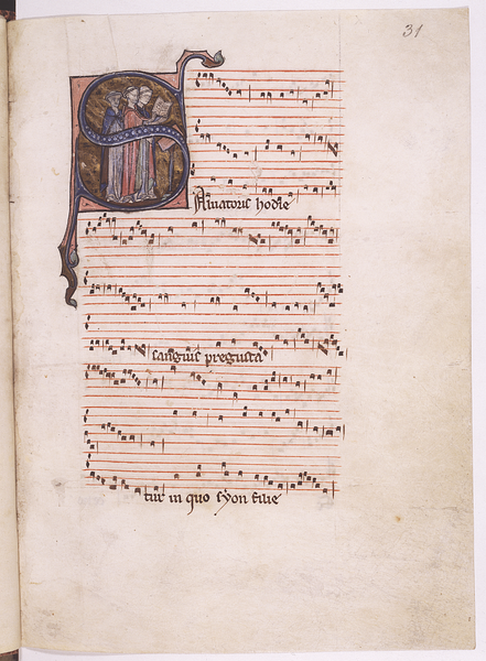Dreistimmiger Conductus "Salvatoris hodie" der Notre-Dame-Schule in der Handschrift W2 (Wolfenbüttel, Herzog August Bibliothek, Cod. Guelf. 1099 Helmst., fol. 31 r; 13. Jh.)